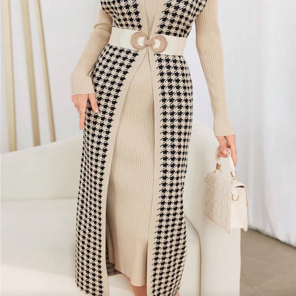 Beige and Black Houndstooth Long Cardigan Dress